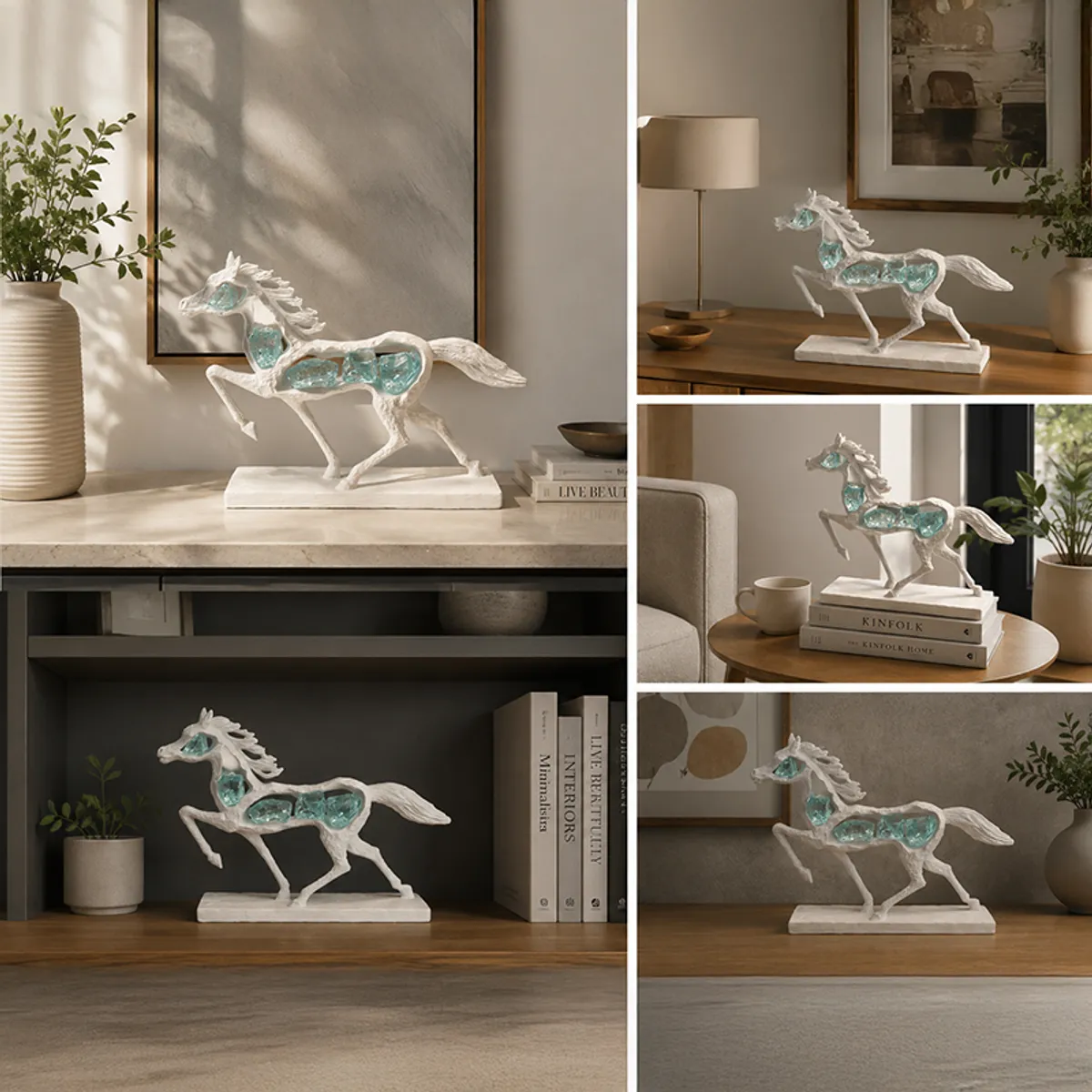 Collage of the horse showpiece styled on shelves, console and side table