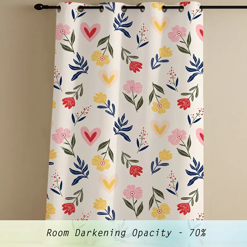 Multicolour printed curtain shown with a room-darkening opacity graphic.