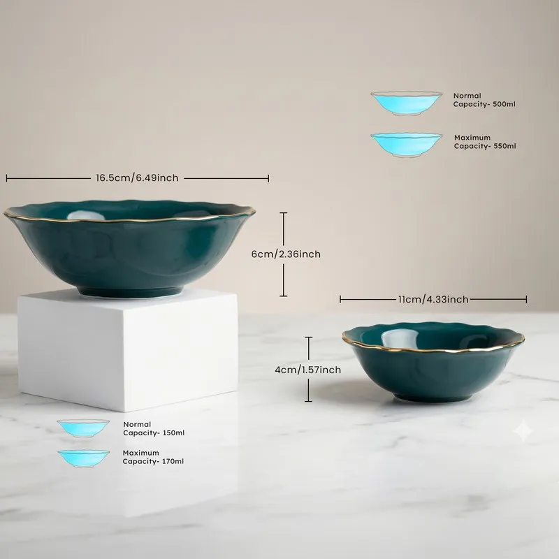 Dark teal serving bowl and snack bowl with gold rims