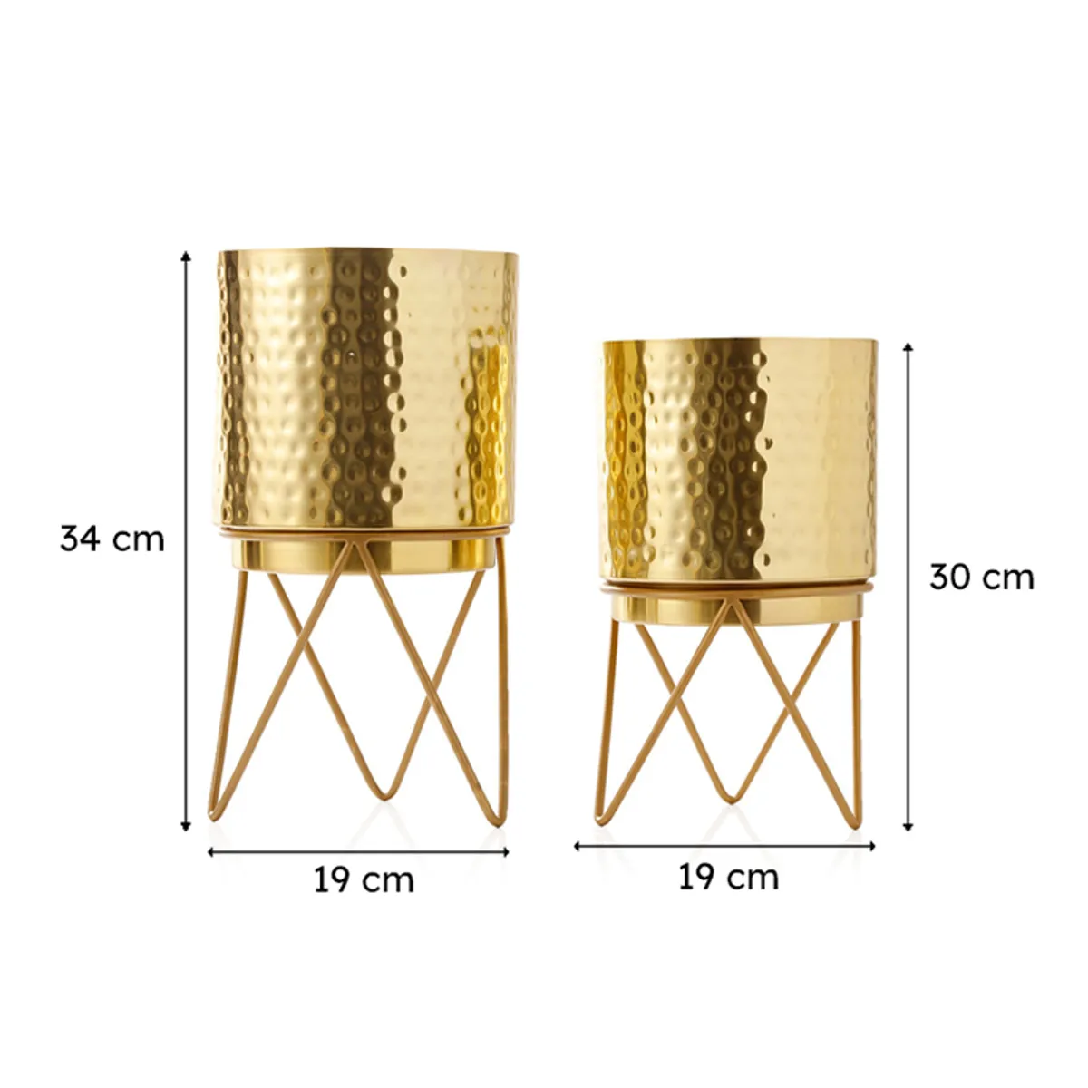 Gold planter set with visible size proportions on matching stands