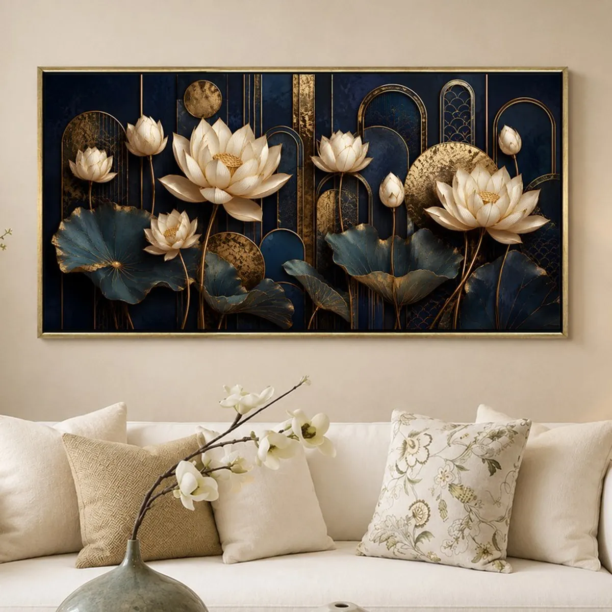 Large lotus floral canvas painting with dark blue background and gold details