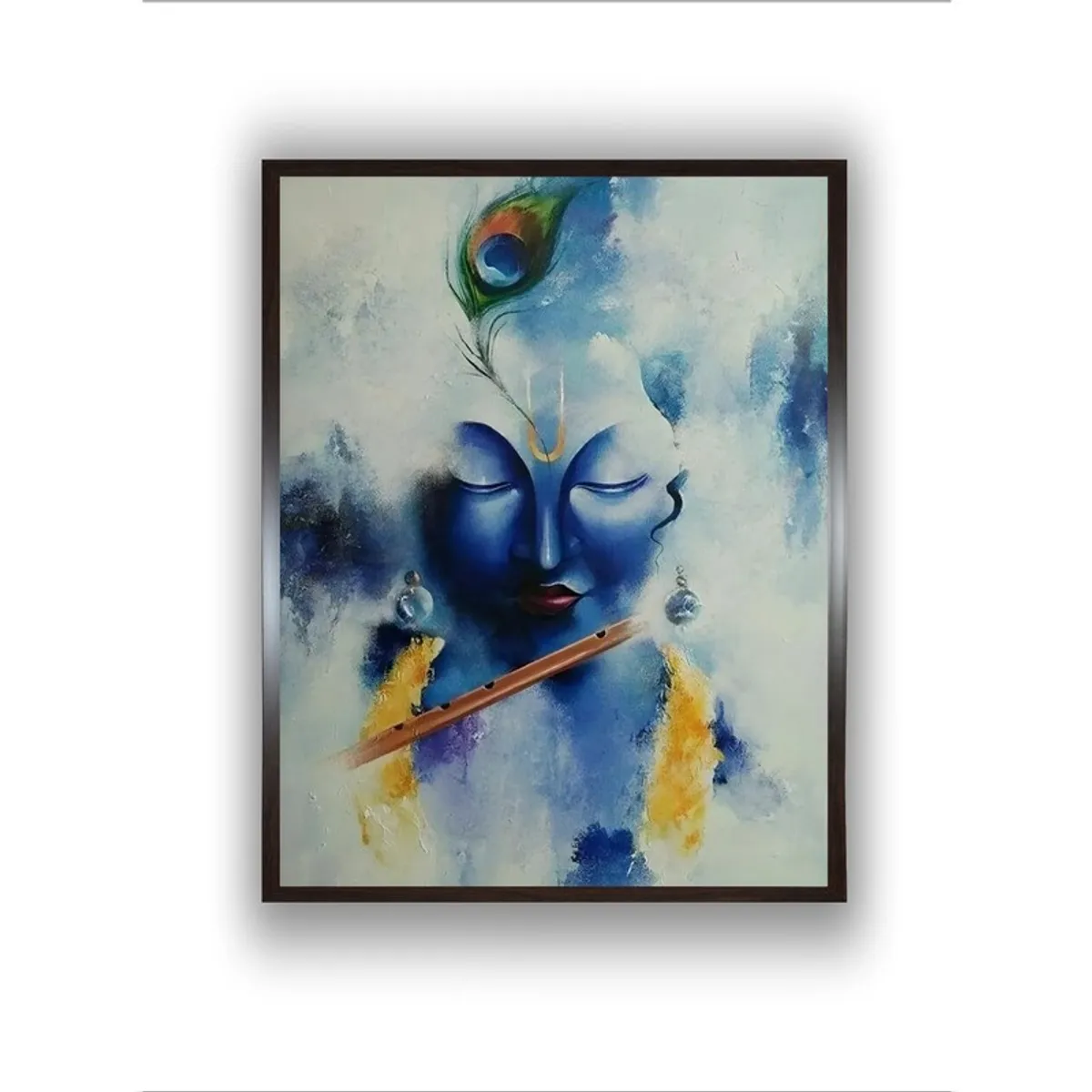Framed Krishna portrait artwork with peacock feather motif