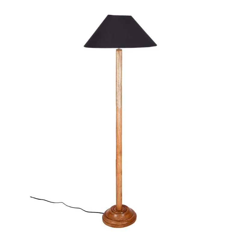 Tall wooden floor lamp with black shade on a plain white background