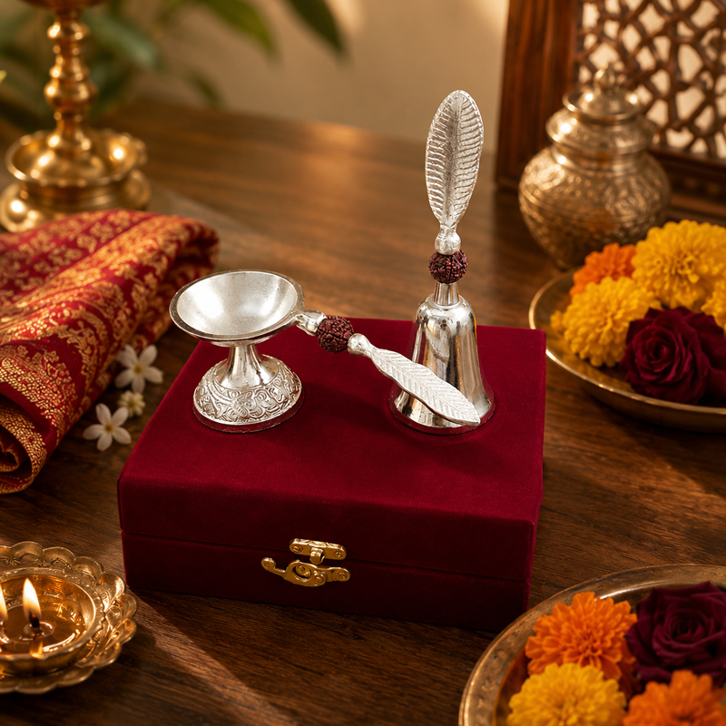 Divine Silver Aarti Metal Pooja Essentials - Two Piece Set