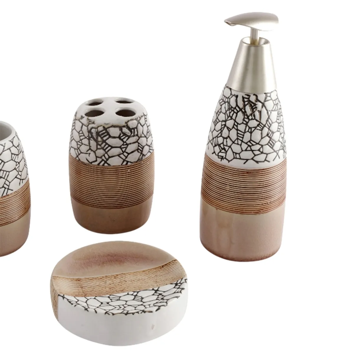 Close view of toothbrush holder, soap dish and pump dispenser in a beige ceramic set