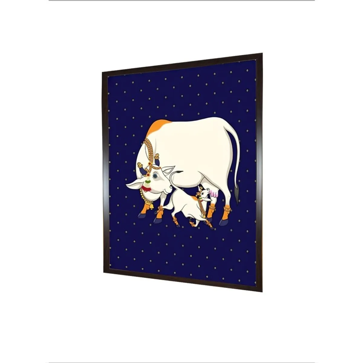 Angled view of rectangular framed mother and calf canvas wall painting