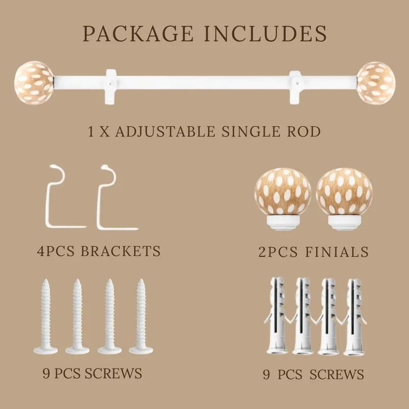 White curtain rod set with round polka dot finials and mounting pieces shown together