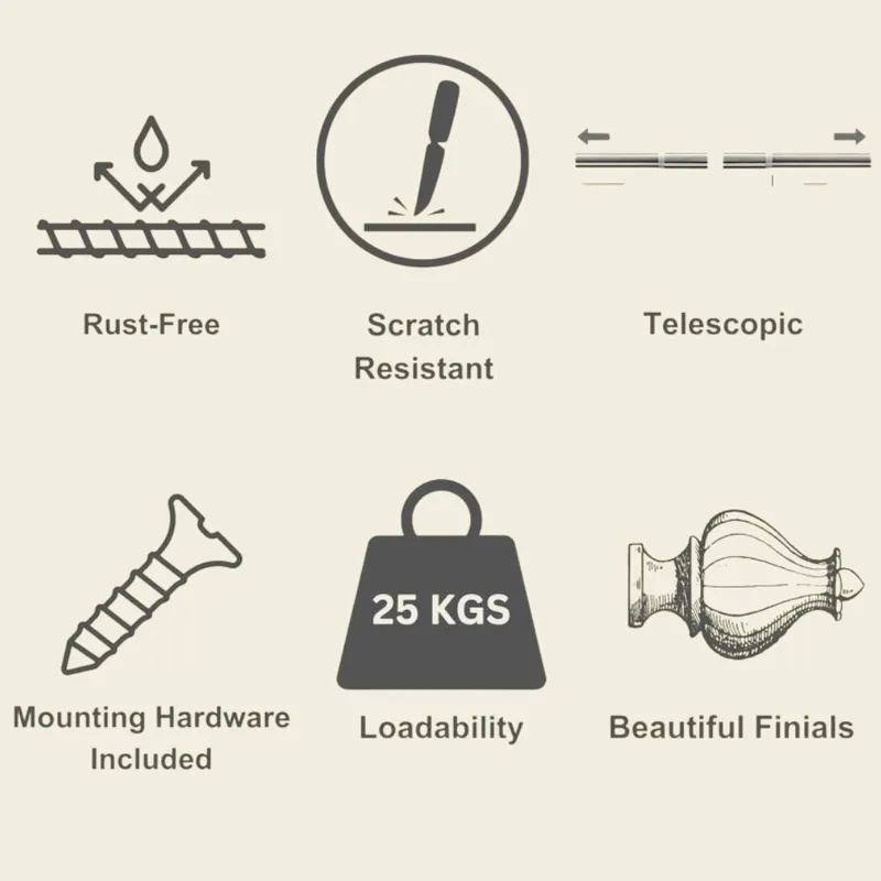 Feature icons for curtain rod set on a light background