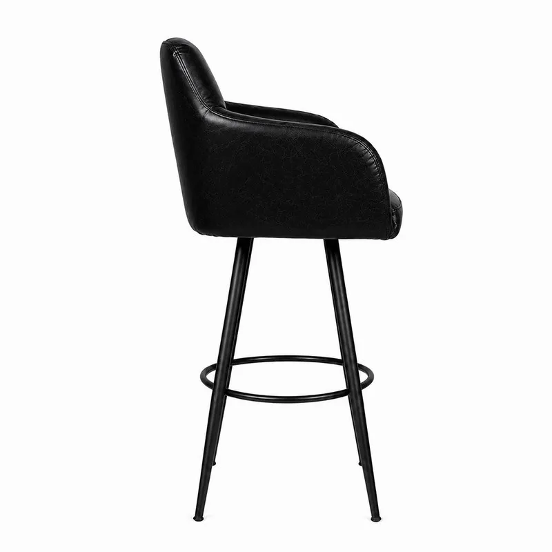Side view of a black upholstered bar chair with ring footrest