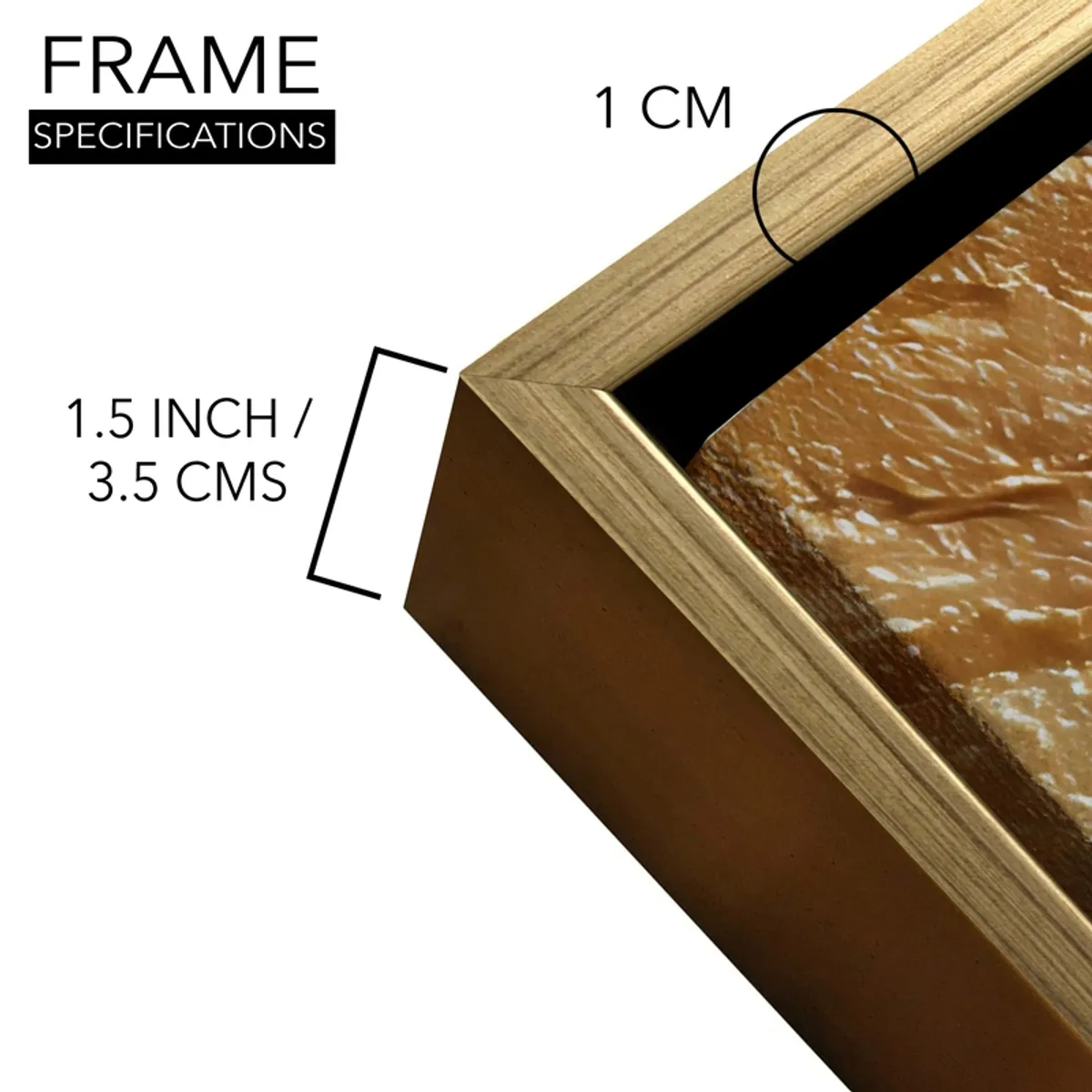 Close-up of the gold-toned frame corner of the canvas painting