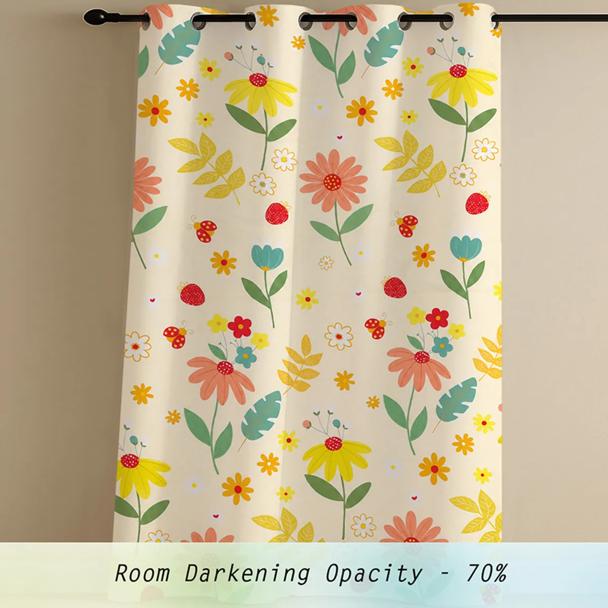 Single floral curtain panel with room darkening opacity text overlay