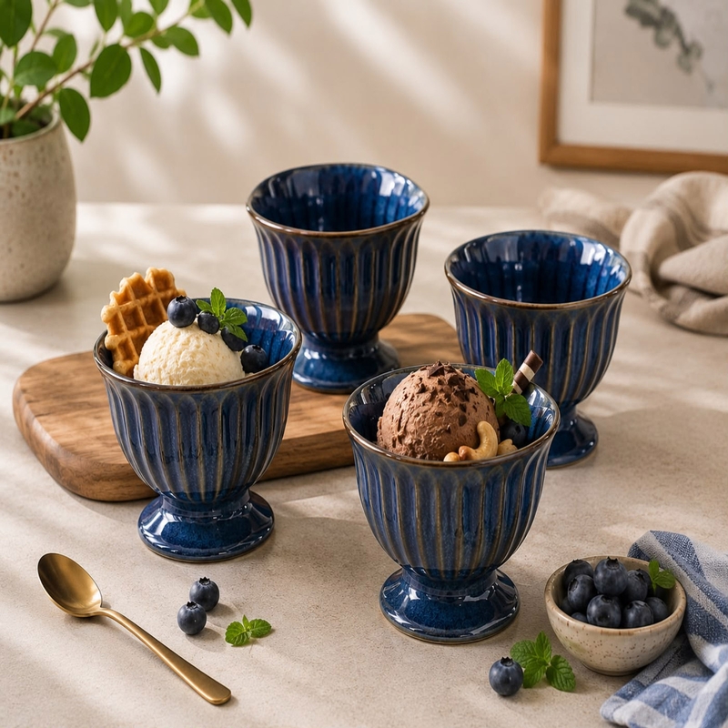 Zucchero Ceramic Ice Cream Cup (250 mL Each/Blue) - Set of Four