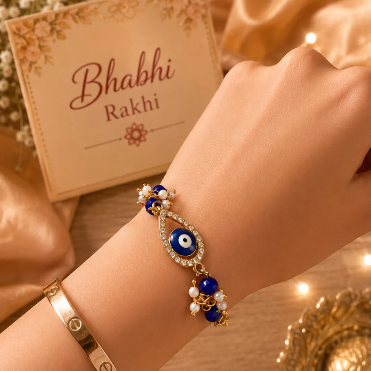 Decorative bhabhi Rakhi with blue and gold details shown on a wrist