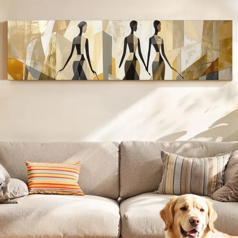 Rectangular abstract figure wall art in warm neutral tones above a sofa
