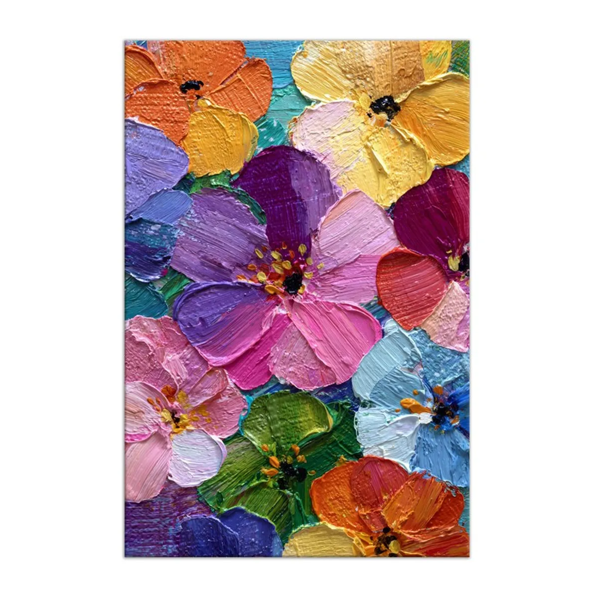 Close view of vibrant multicolour flower artwork on a rectangular canvas