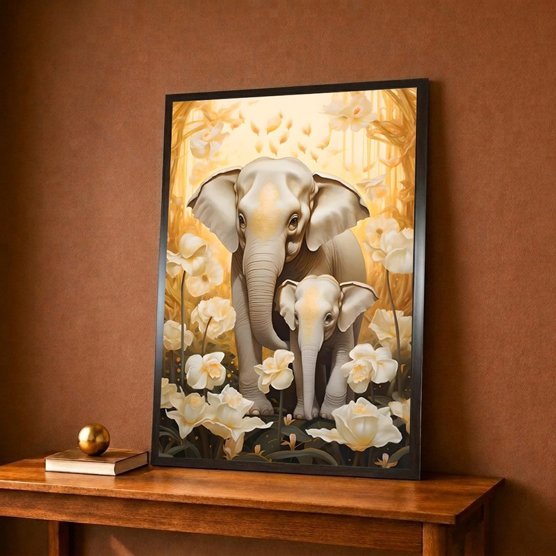 Golden Elephant Family Canvas Wall Painting