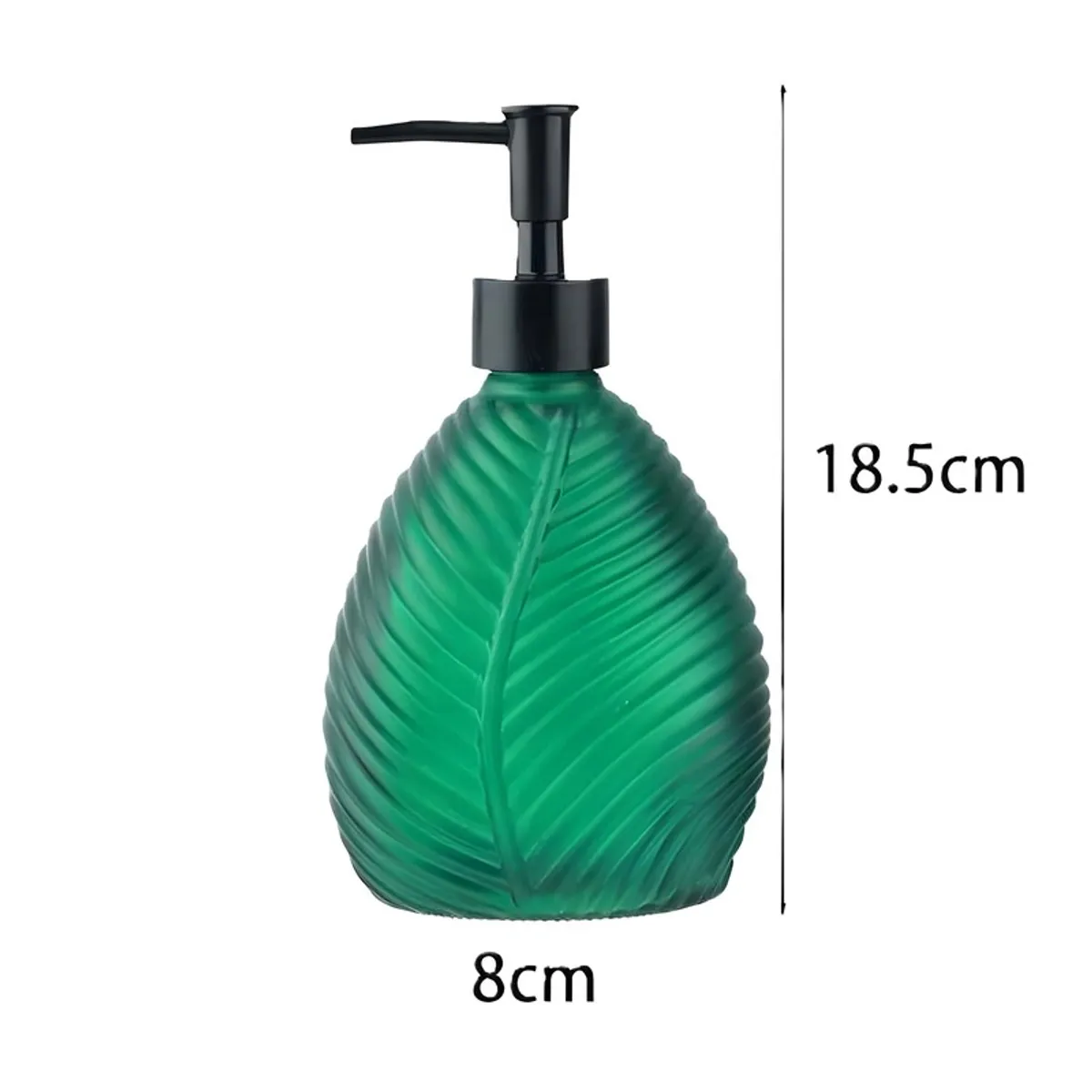 Green leaf-shaped soap dispenser shown with height and width markings