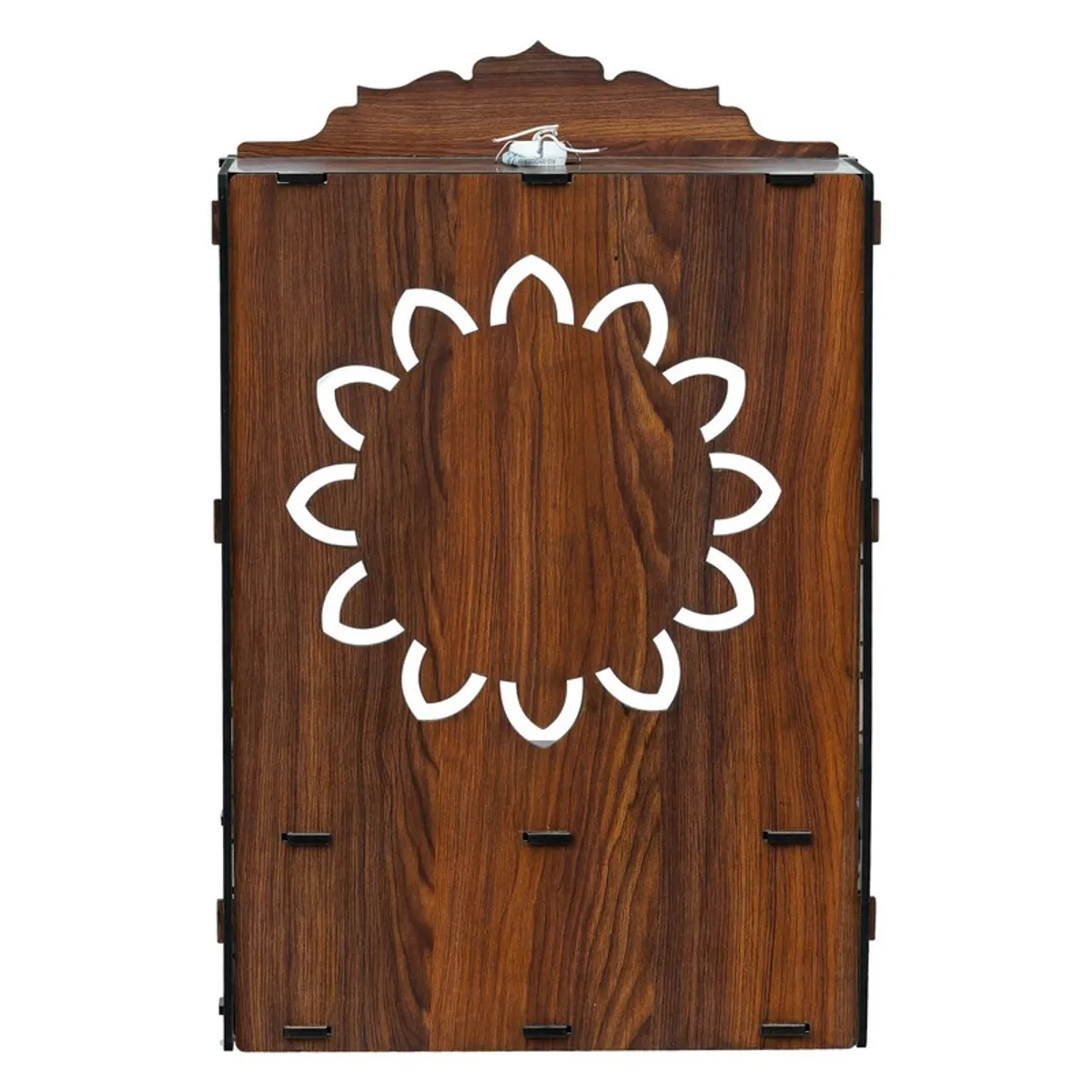 Back view of the wooden mandir with wall-mount fitting