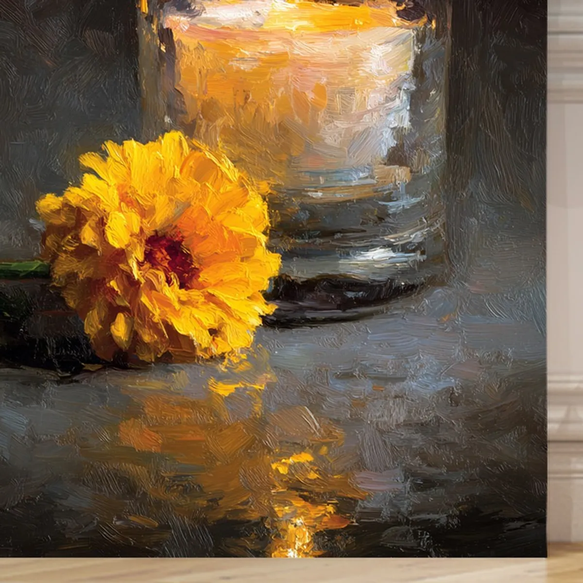 Close-up of candle-and-flower artwork with visible textured brushstroke effect