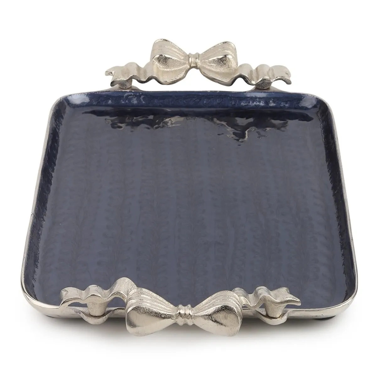 Blue rectangular tray viewed from above with ornate silver bow details at both ends