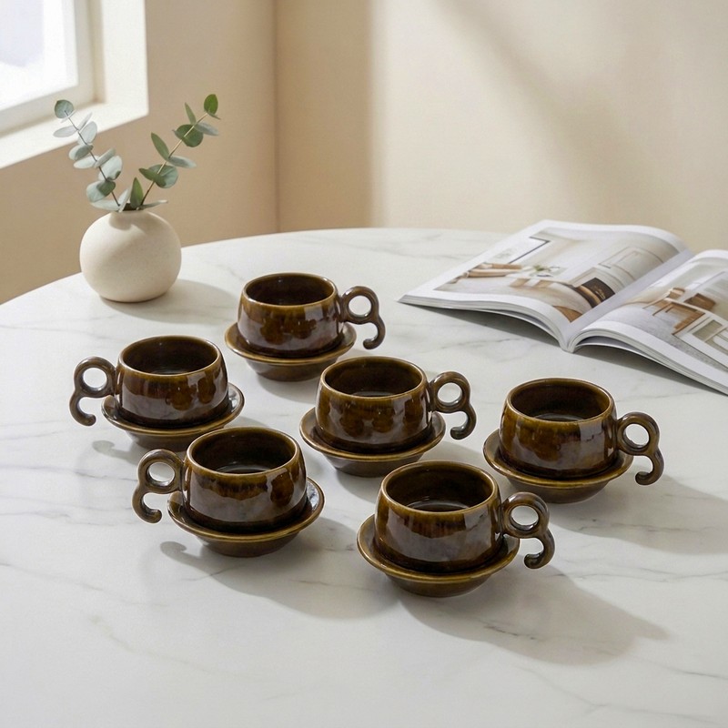 Cafe Charm Ceramic Cup & Saucer Set (Brown/200 mL Each) - Set of Six - 200 mL