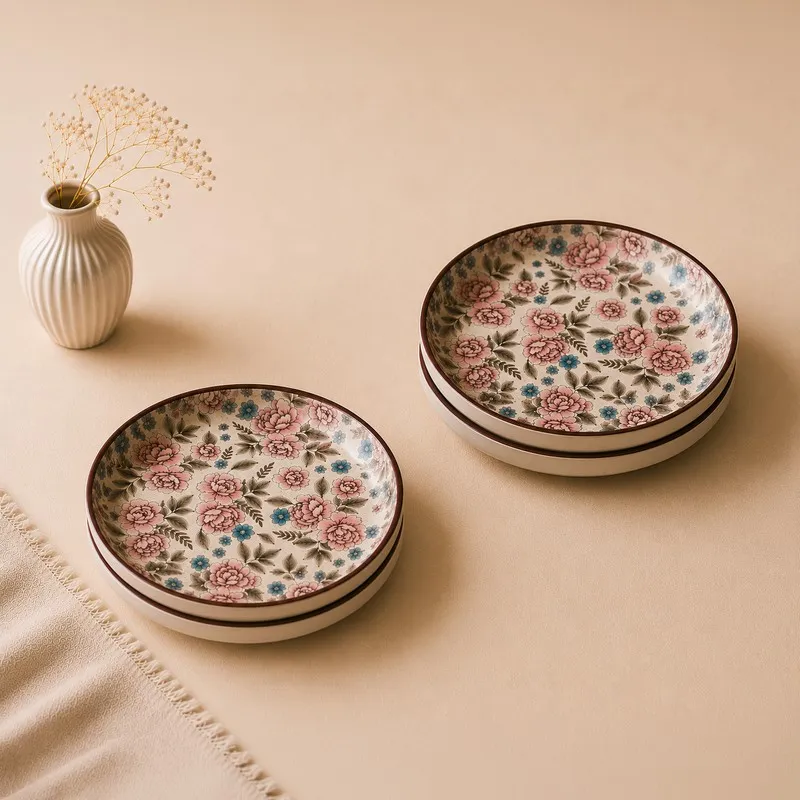Two stacks of floral ceramic quarter plates on a neutral tabletop