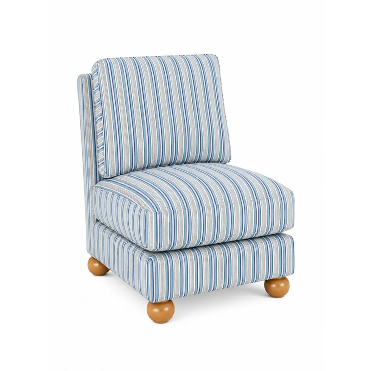 Rear angled view of a white and blue striped accent chair