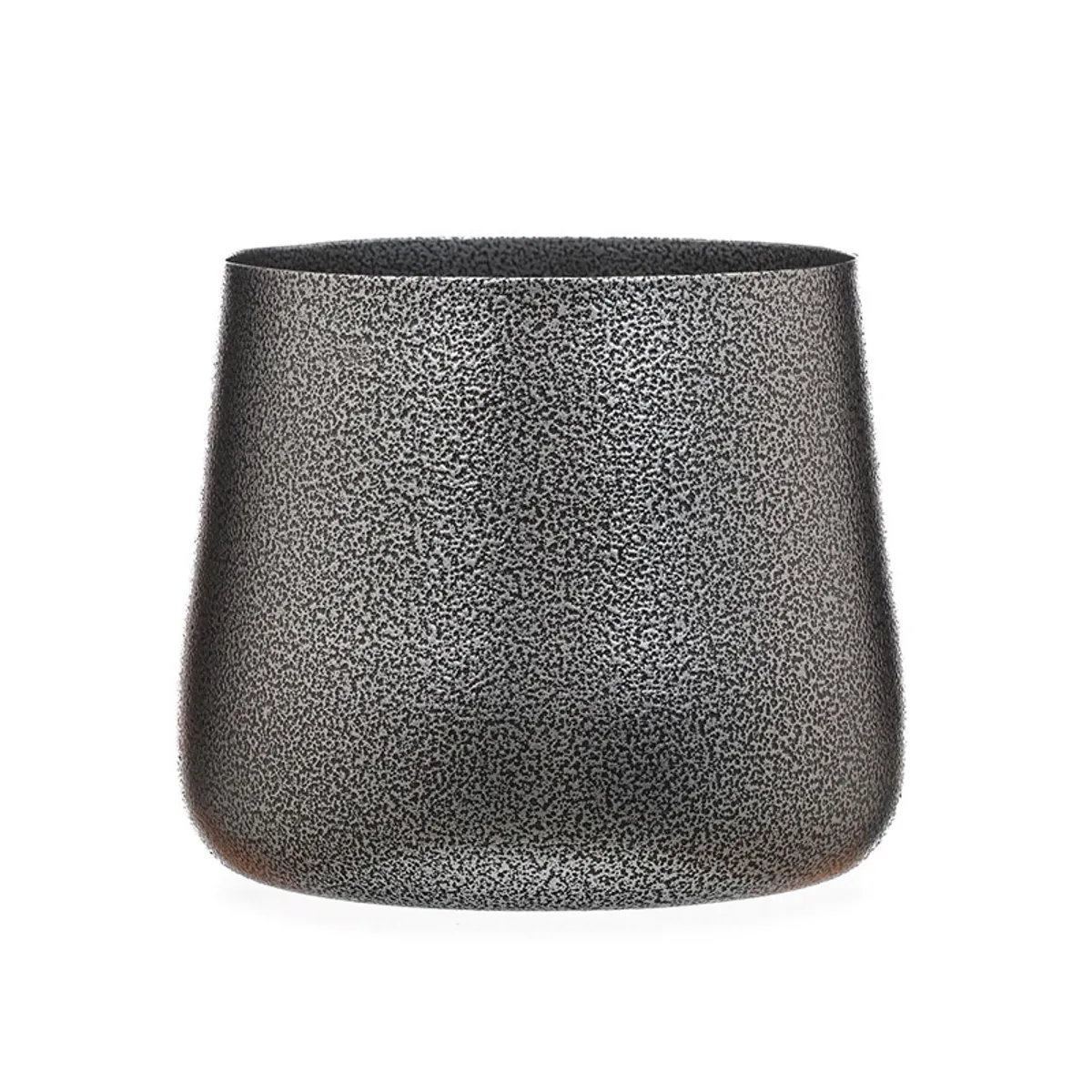 Close-up of a grey textured planter with a rounded form