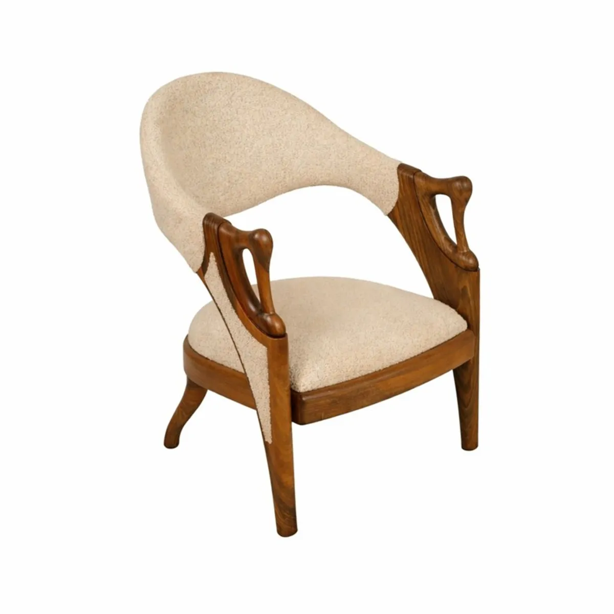 Angled view of a beige upholstered teak wood accent chair