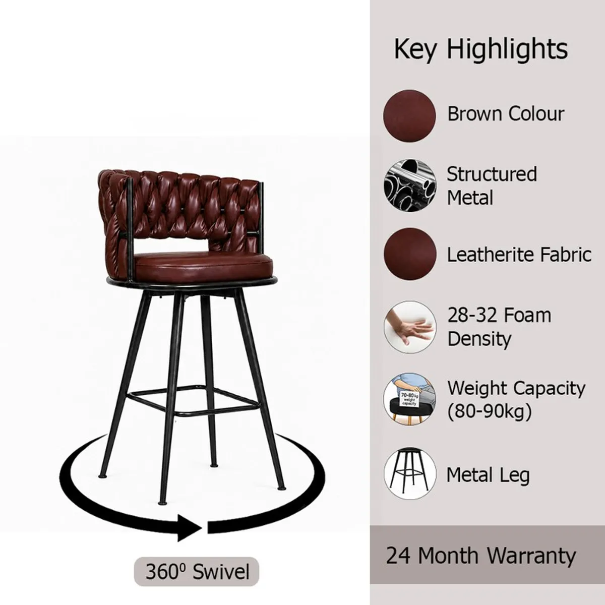 Brown bar stool shown beside a product highlights panel.