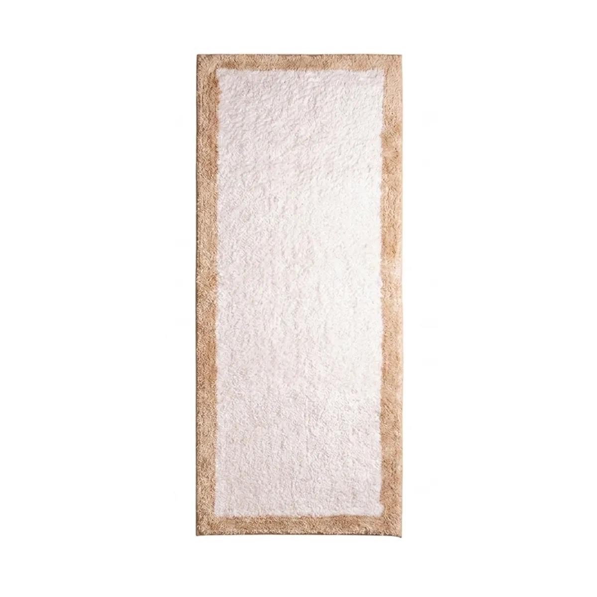 White rectangular runner rug with a beige border on a white background