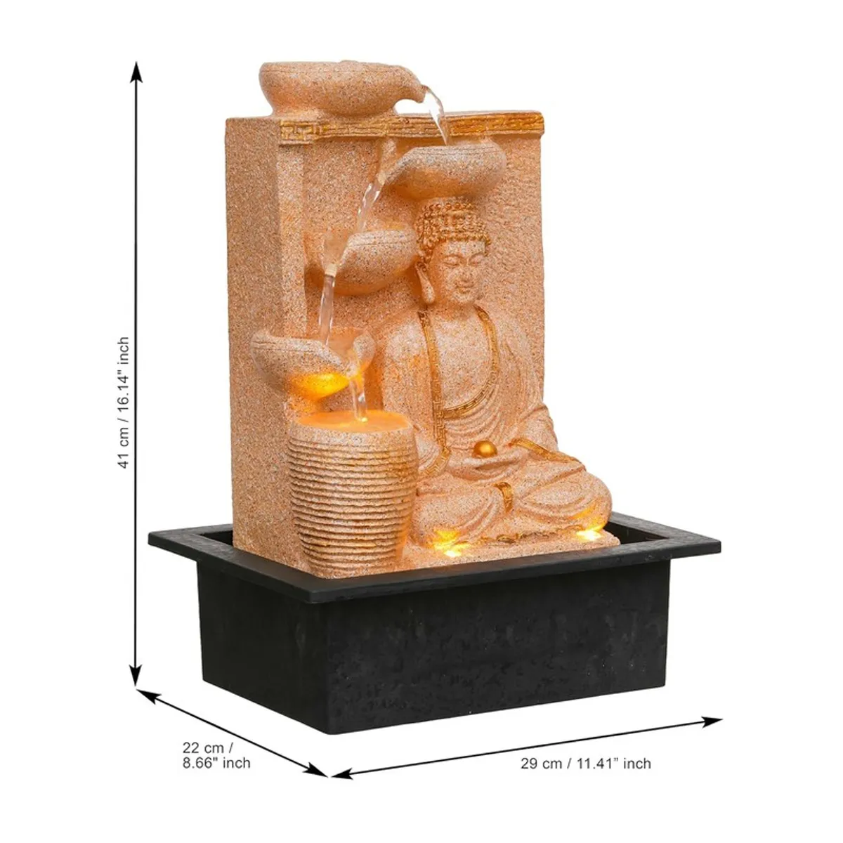 Angled product image of Buddha fountain with dimension arrows