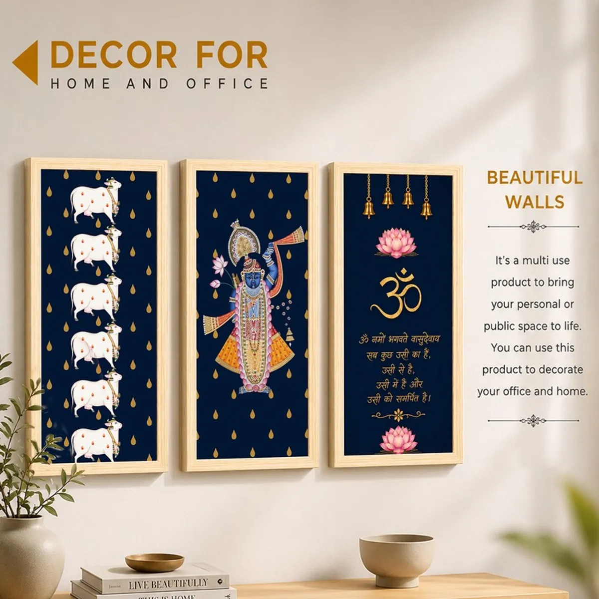 Three framed devotional wall paintings styled in a home and office setting