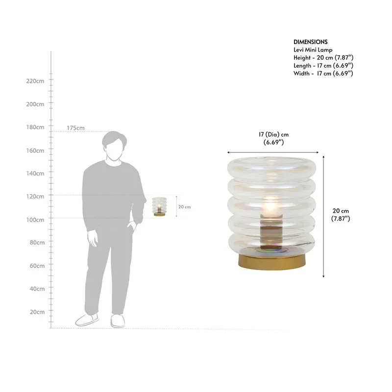Bubble glass table lamp with dimension reference graphic