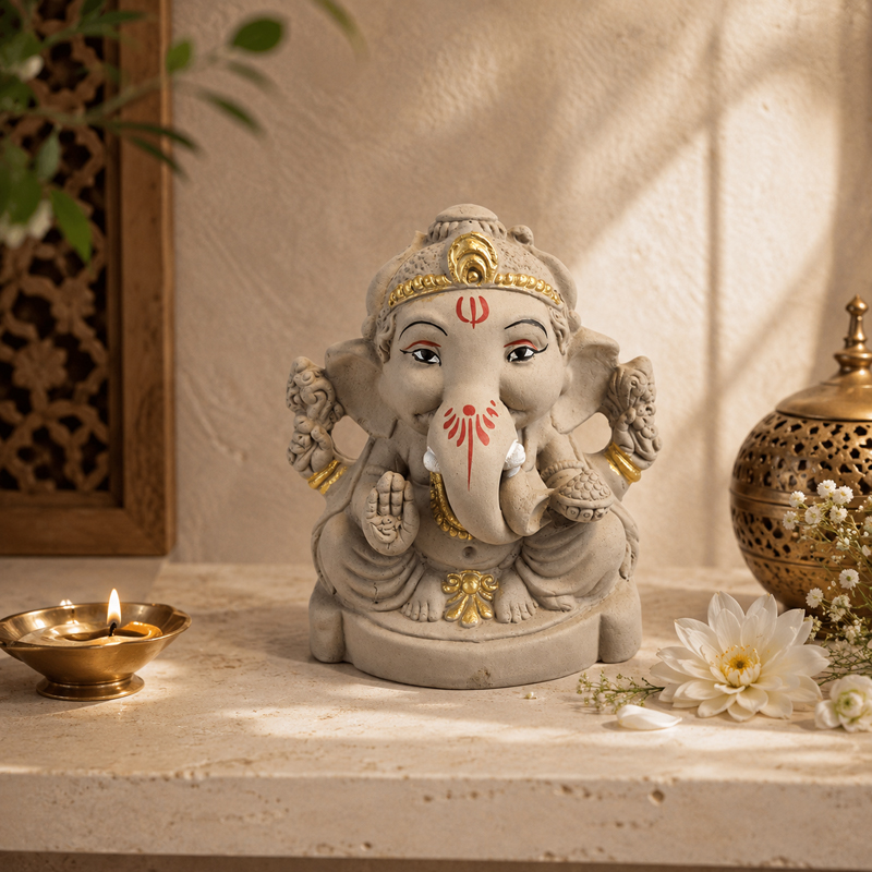 Auspicious Elephant God Clay Idols & Sets - Beige,Gold