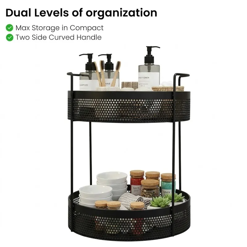 Black two-tier organiser shown with bowls, jars, toiletries and small plants