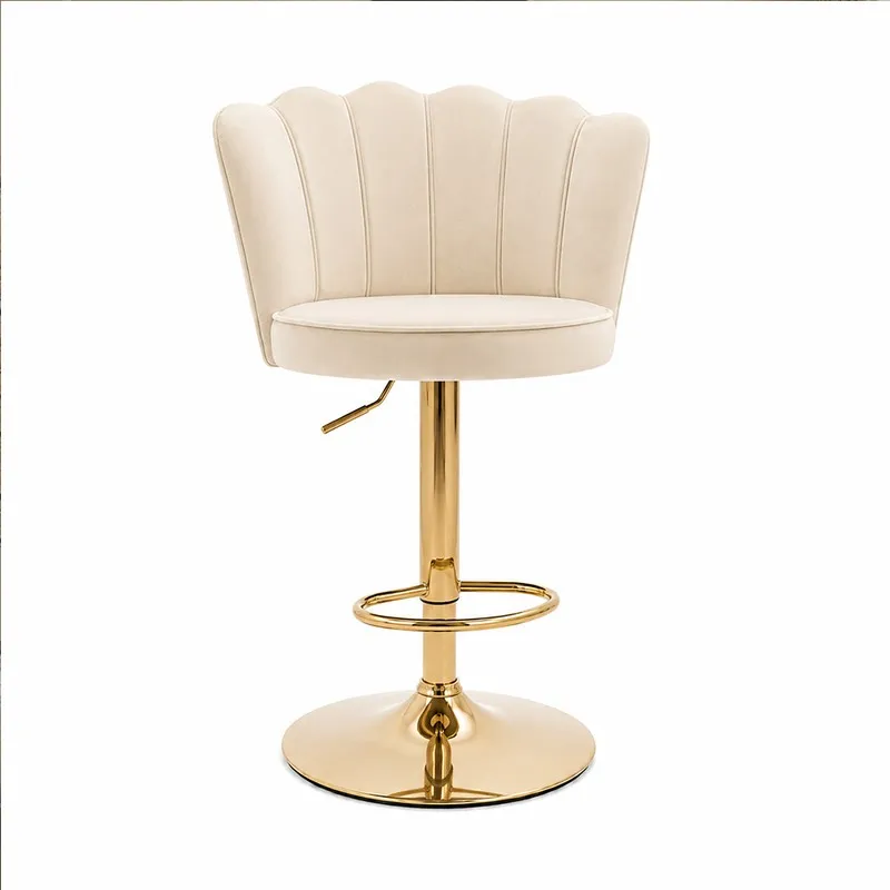 Front view of a beige velvet bar chair with scalloped back and gold-tone metal base