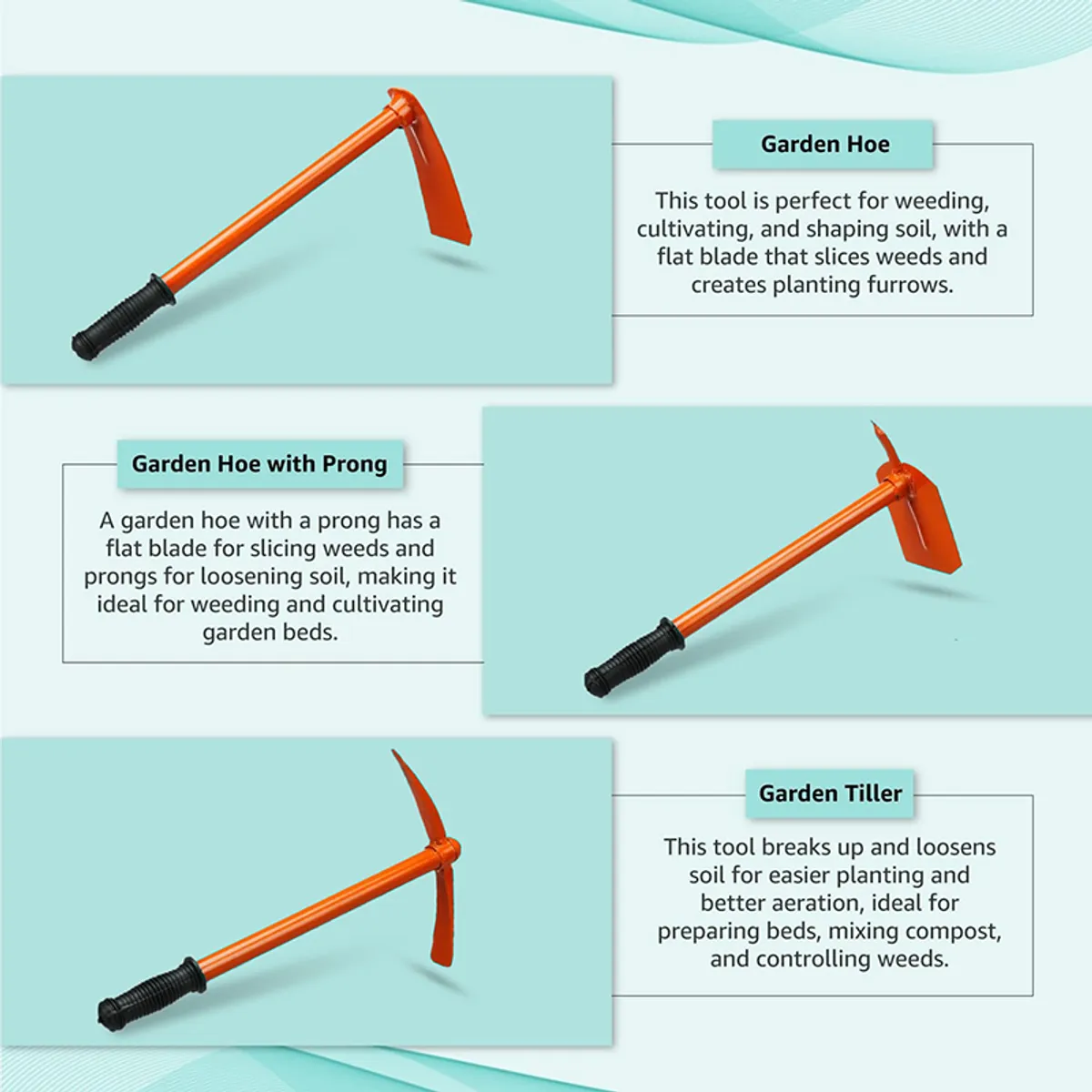 Three orange garden tools displayed with different head shapes