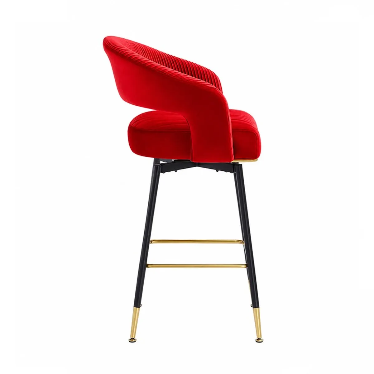 Side view showing the curved back of a red velvet bar stool