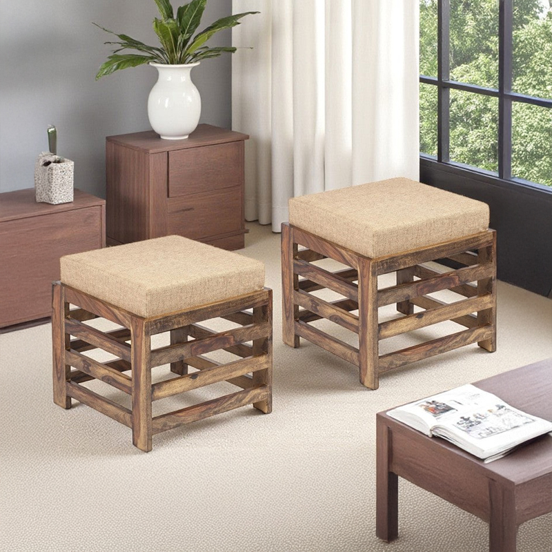 Tavro Sheesham Wooden Stools With Cushions (Beige) - Set of Two