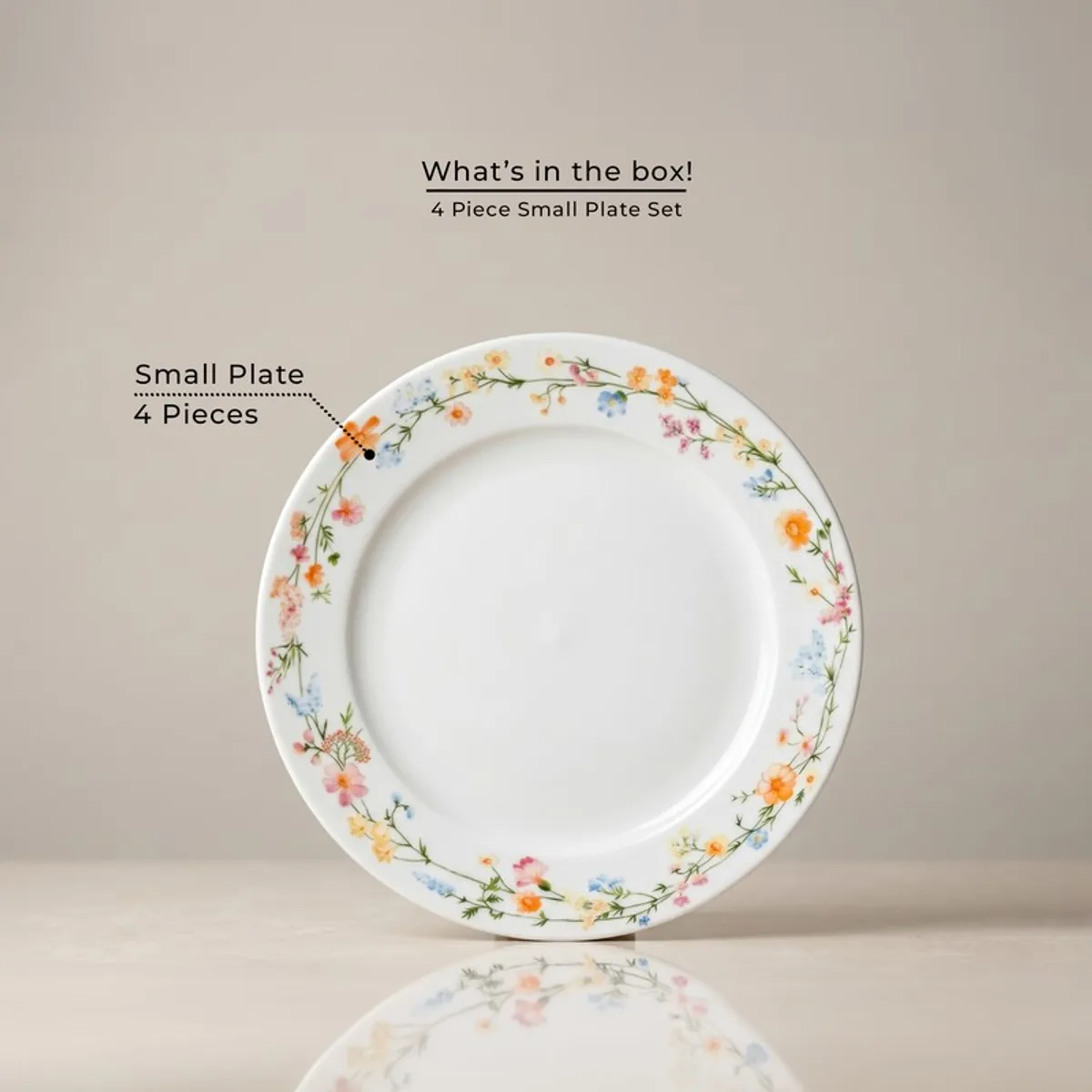 Single round white plate with multicolour floral vine border