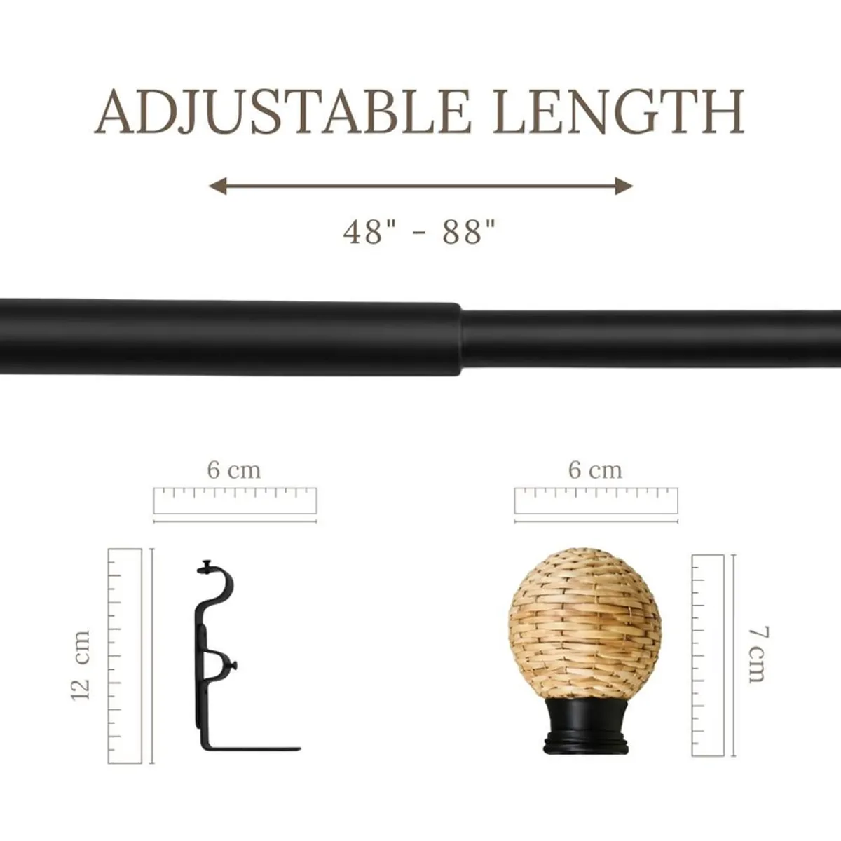 Extendable black curtain rod with woven finial and bracket shown with size graphic