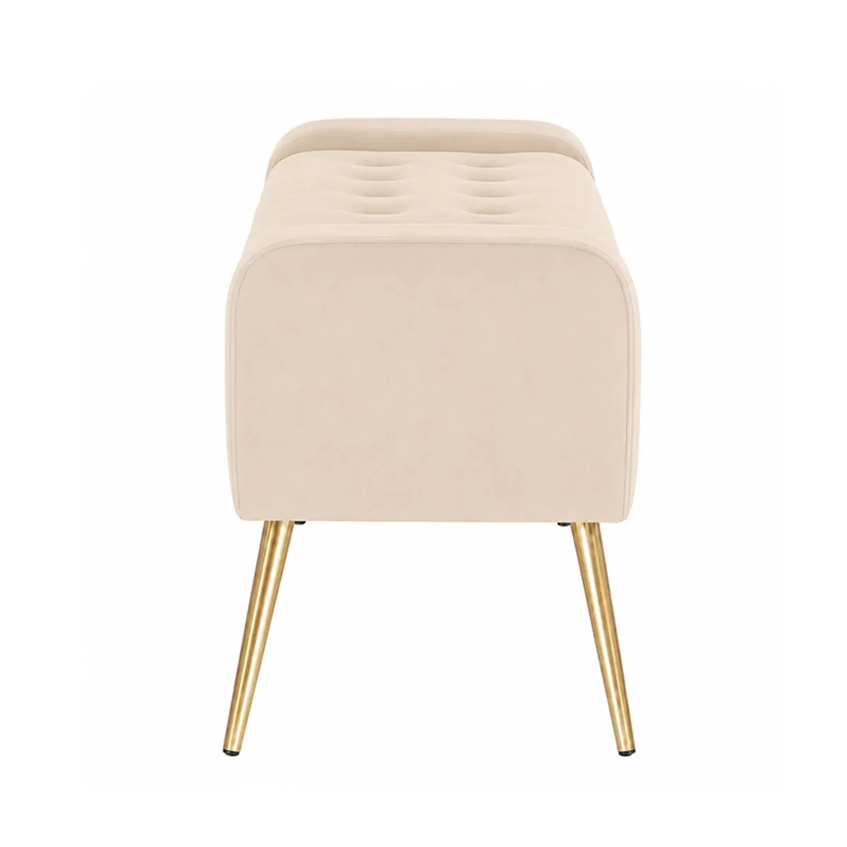 Side view showing the rounded arms and gold legs of a beige bench