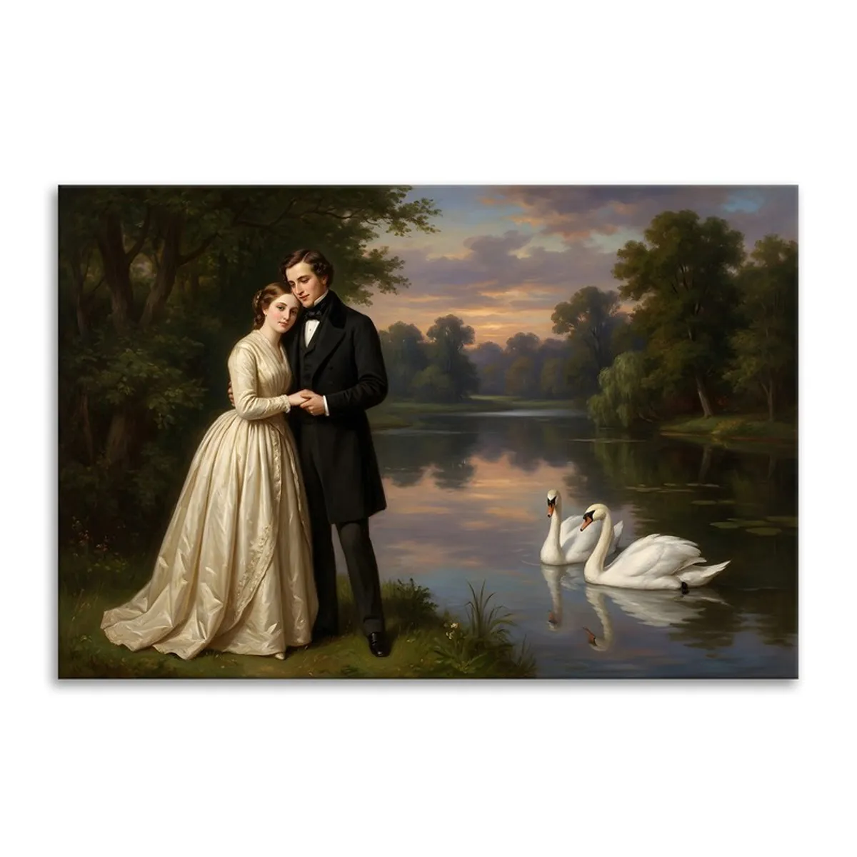 Rectangular canvas wall art showing a romantic couple by a lake with swans