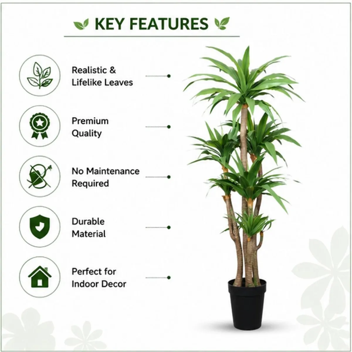 Artificial yucca plant in a black pot shown with feature icons on a white background
