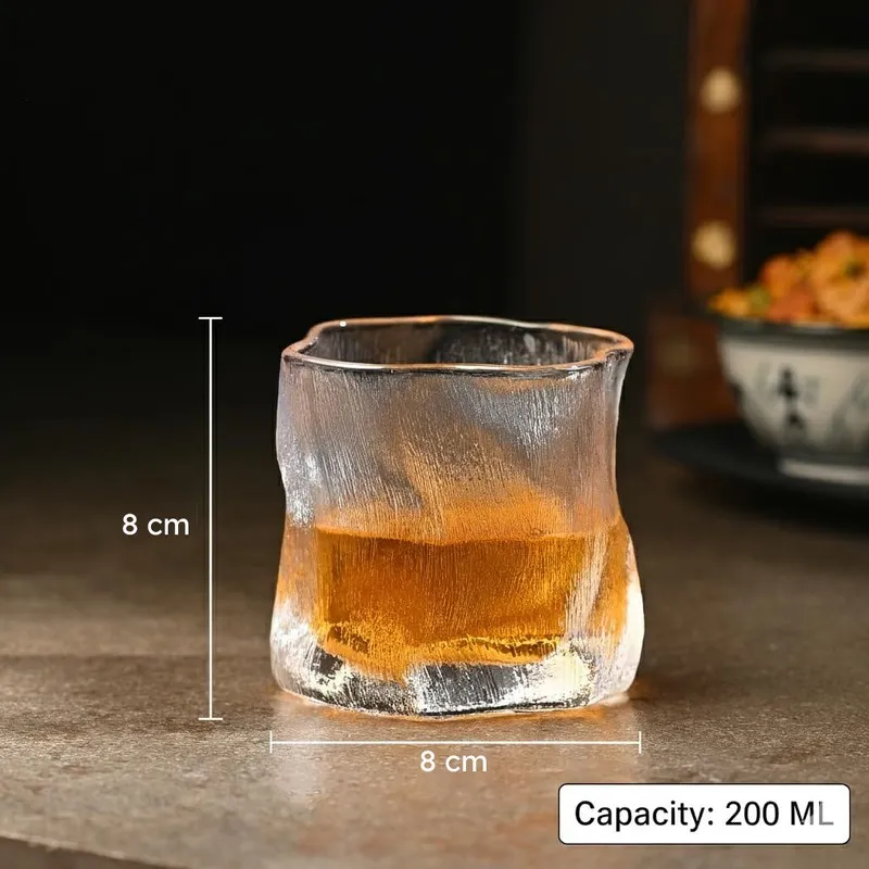Clear textured whiskey glass with capacity text shown in the image