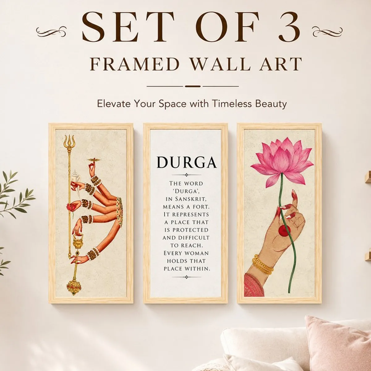 Three framed wall art panels displayed together in a bright interior