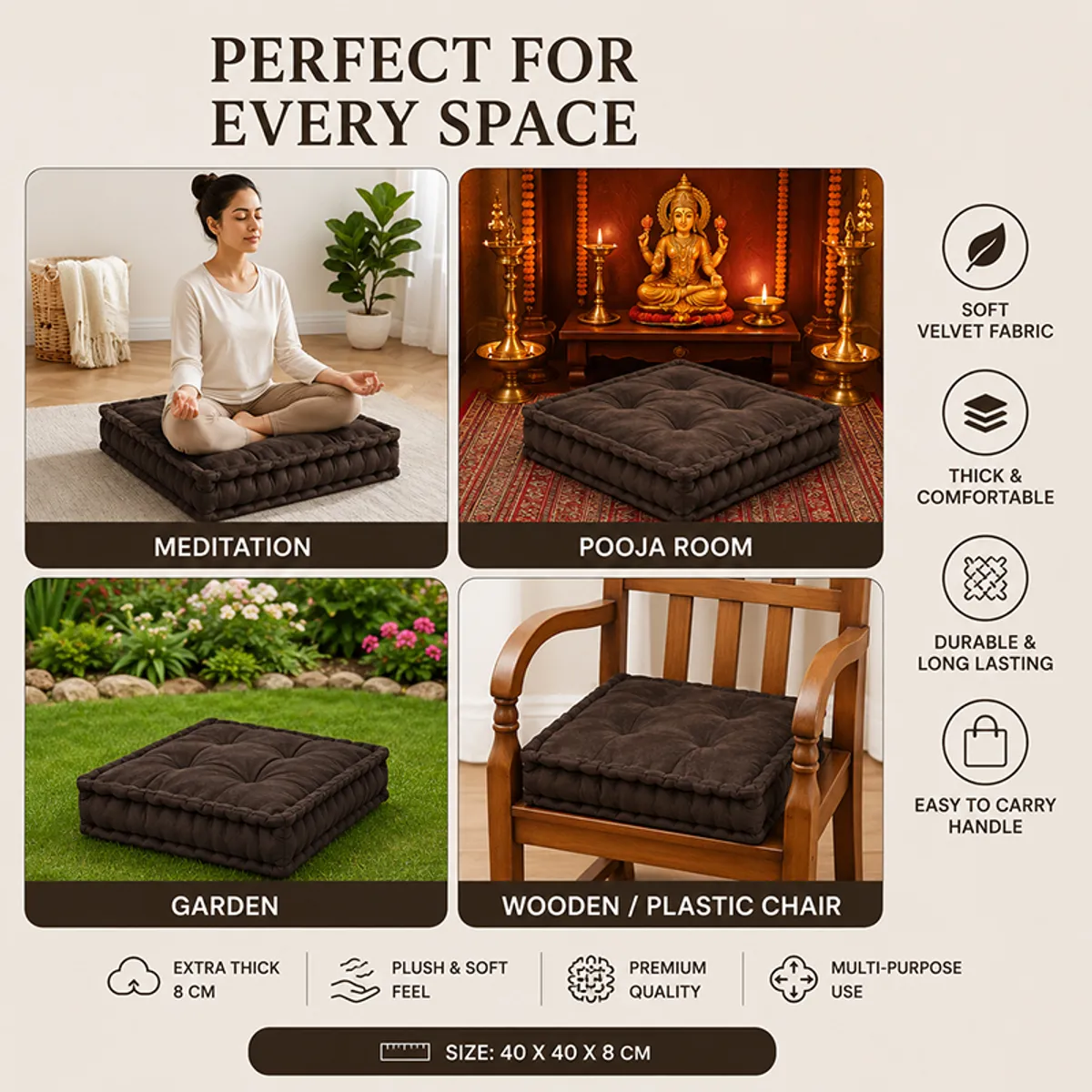 Brown floor cushion shown in meditation, prayer room, garden and chair settings.