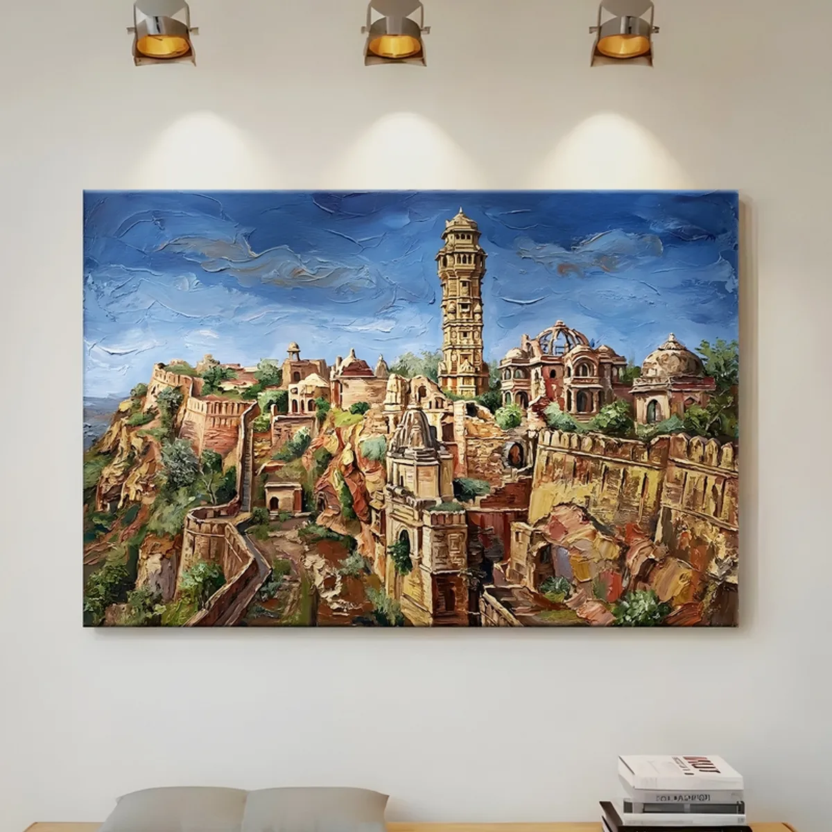 Large rectangular fort landscape canvas wall art under three wall lights