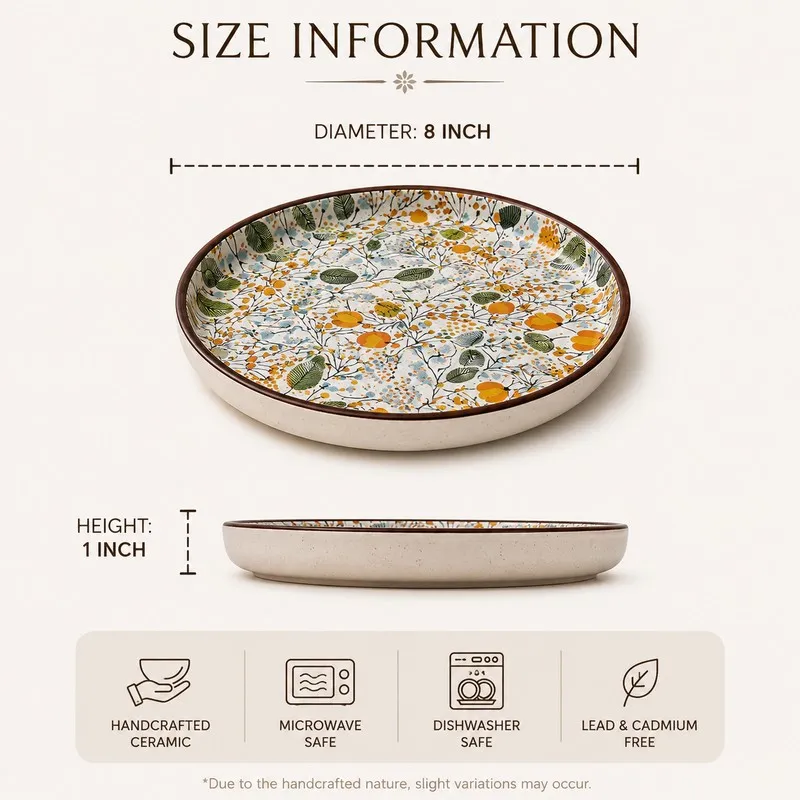 Round botanical ceramic plate shown with printed size and care icons.